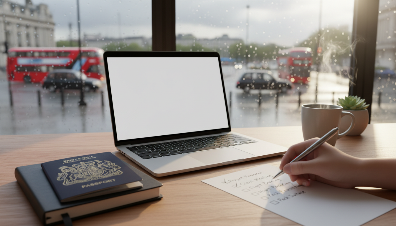 A photorealistic image of a modern, well-lit workspace featuring a laptop, a passport on the desk, and a notebook with a checklist being ticked off, with a blurred view of a rainy London street through the window