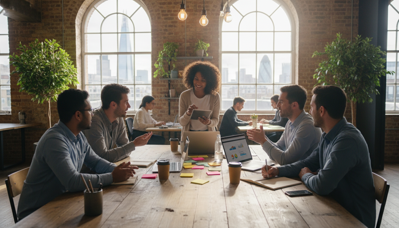 A diverse group of young entrepreneurs sitting around a wooden table in a trendy London coworking space, brainstorming with sticky notes and laptops, natural lighting, photorealistic 8k