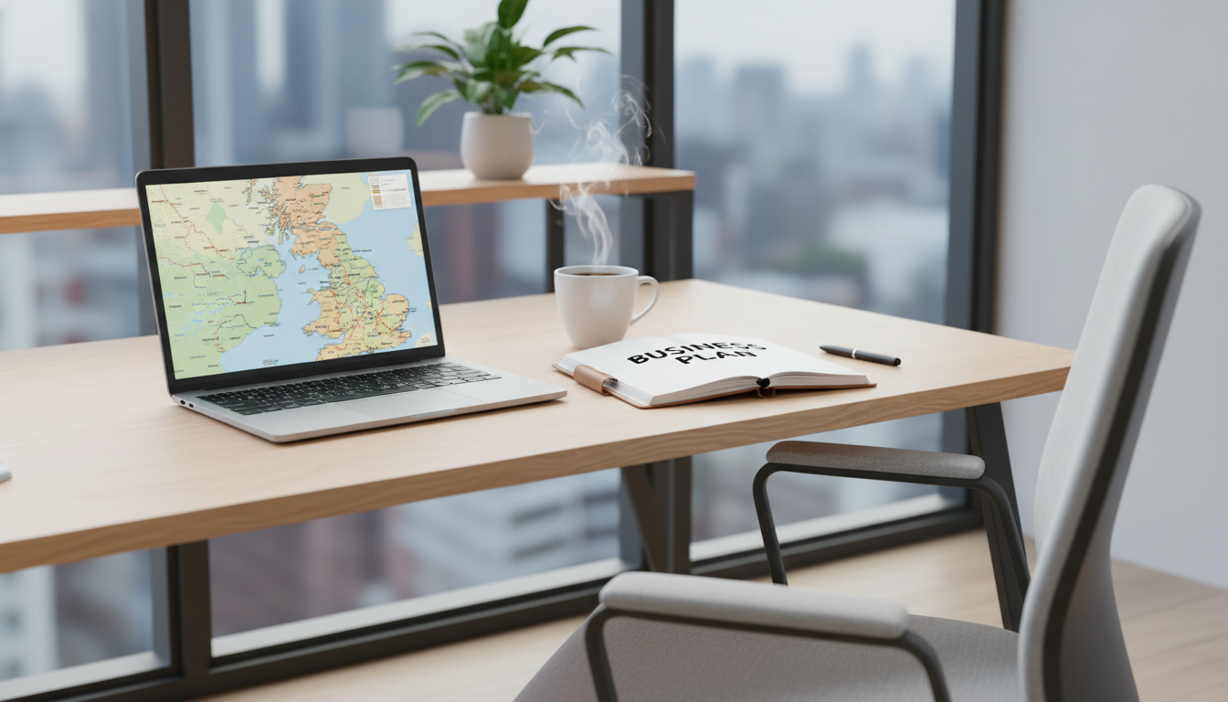 A modern, bright home office setup with a laptop open showing a map of the United Kingdom on the screen, a cup of coffee steaming nearby, notebook with 'Business Plan' written on it, photorealistic, 4k quality