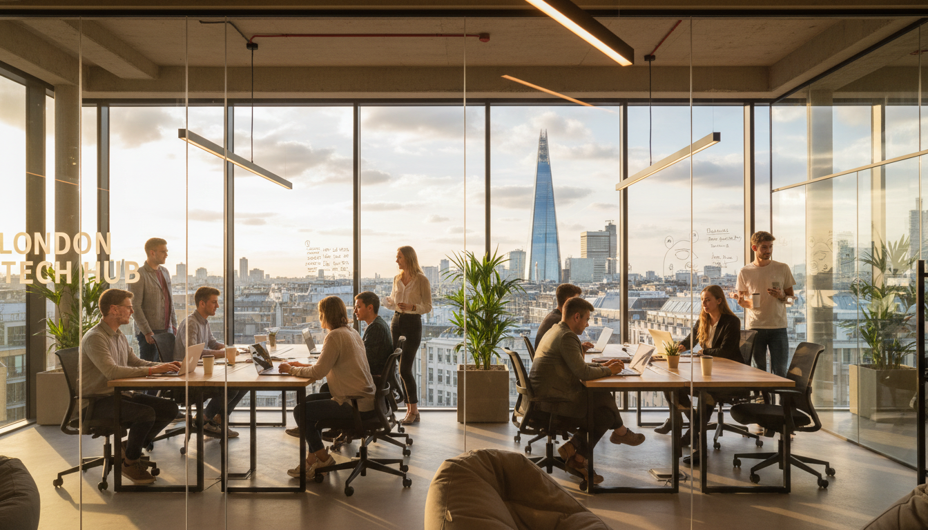 A photorealistic wide shot of a modern, open-plan office in London with a view of the Shard through floor-to-ceiling windows. Diverse group of young professionals working on laptops and brainstorming on a glass wall, warm lighting, casual tech-startup atmosphere.