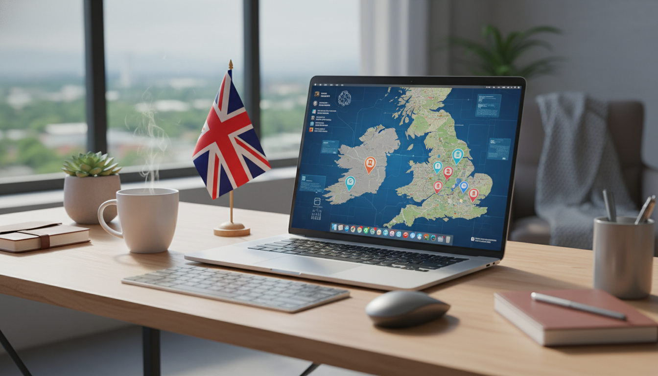 A photorealistic image of a modern, stylish home office desk with a laptop displaying a map of the UK, a cup of tea, and a small Union Jack flag, symbolizing remote business management.