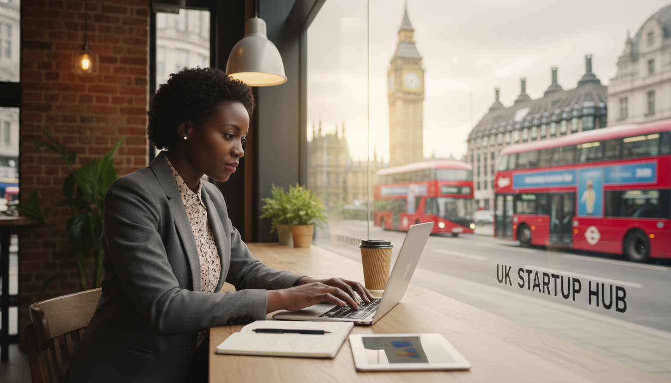 A photorealistic image of a diverse entrepreneur working on a laptop in a modern coffee shop with a blurred view of the Big Ben and London red buses through the window, emphasizing the concept of starting a business in the UK.