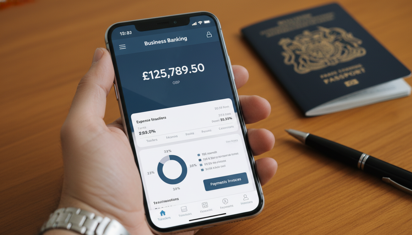 A close-up, photorealistic shot of a smartphone displaying a business banking app dashboard showing a balance in British Pounds (GBP). The phone is held by a hand, with a passport and a pen resting on a wooden desk in the soft-focus background.