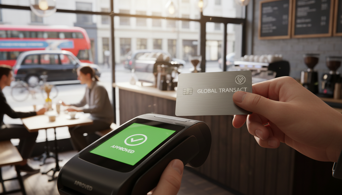 Close up shot of a person's hand holding a modern metal business credit card tapping a payment terminal, with a blurred background of a busy British cafe, high detail, cinematic depth of field
