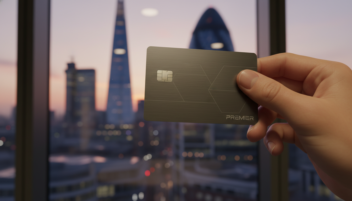 Close-up of a person's hand holding a sleek, modern metal business credit card, blurred background of the London City skyline with the Shard and Gherkin visible through a window, photorealistic style