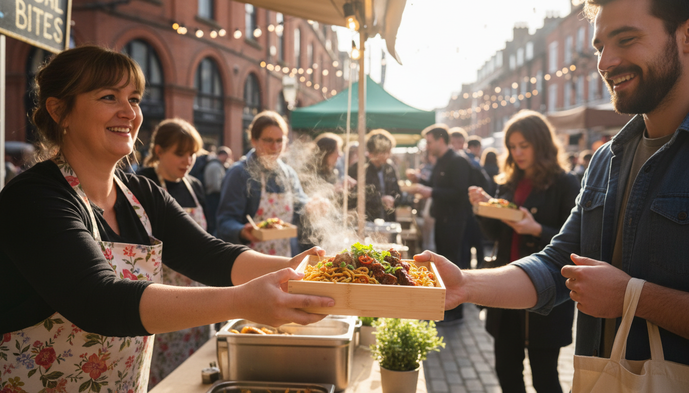 A detailed, photorealistic close-up of a bustling street food market in the UK on a sunny day. Focus on a stall owner handing a delicious, exotic dish to a smiling customer. Background shows blurred brick buildings and string lights, conveying a vibrant and friendly atmosphere.