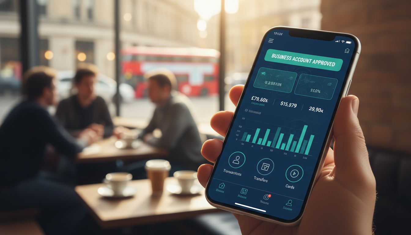 A high-quality, close-up shot of a smartphone screen showing a fintech banking app interface with a 'Business Account Approved' notification, set against a blurred background of a busy London coffee shop.