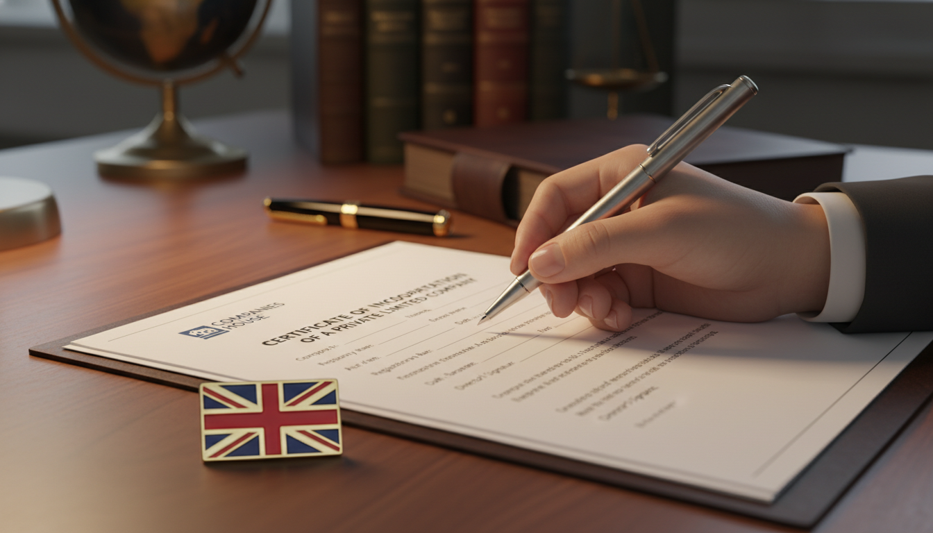 A detailed close-up of a hand holding a pen over a business registration document with a British flag pin on the desk, warm lighting, representing the legal setup of a UK company.