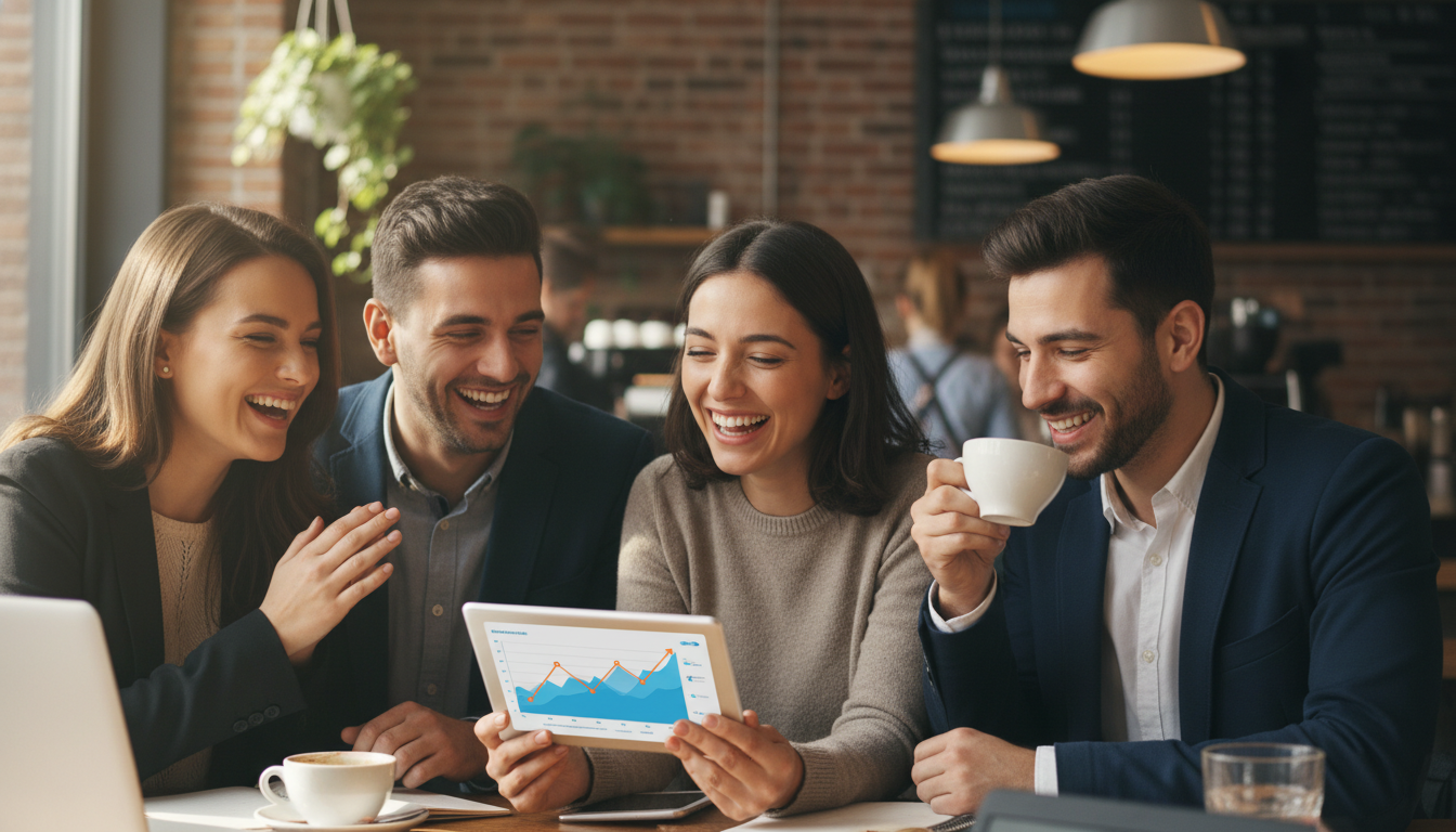 A photorealistic close-up shot of a diverse group of young entrepreneurs laughing while looking at a tablet screen in a trendy coffee shop, discussing a digital graph, natural lighting